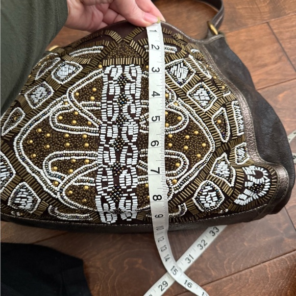 Isabella Fiore Anna Beaded Shoulder Bag Bronze Metallic Leather Boho Hobo - Picture 2 of 11